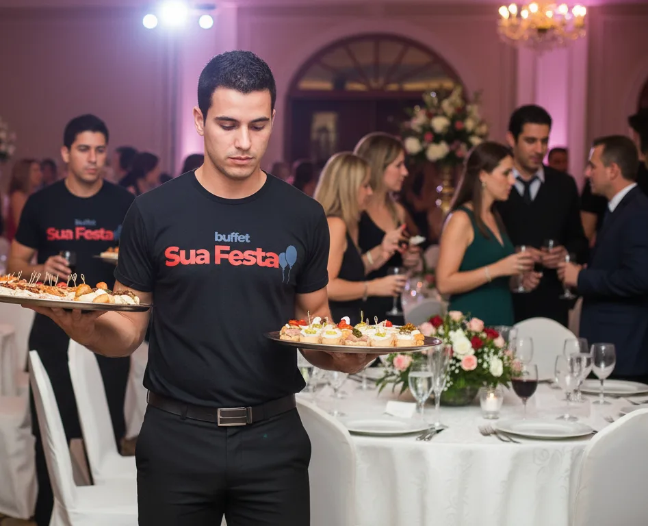 Equipe uniformizada do Buffet Sua Festa servindo mini lanches em evento corporativo em Goiânia